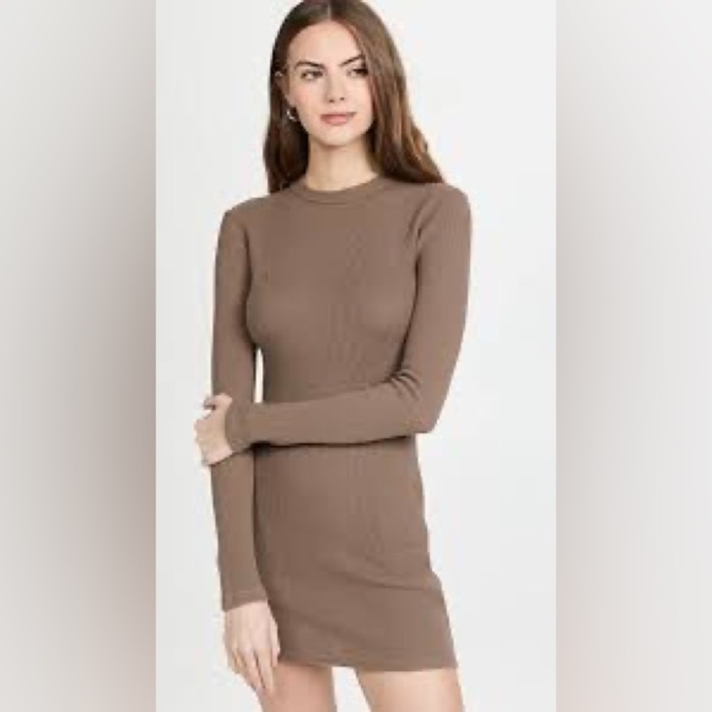 Monrow Brushed Thermal Mock Neck Mini Dress Mocha/Coffee Brown Size S